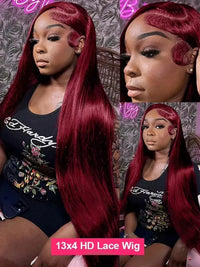 99J Burgundy Bone Straight 13x6 HD Lace Frontal Wig – 30–36 Inch Human Hair