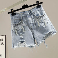 Bead-Embellished High Waist Denim Shorts