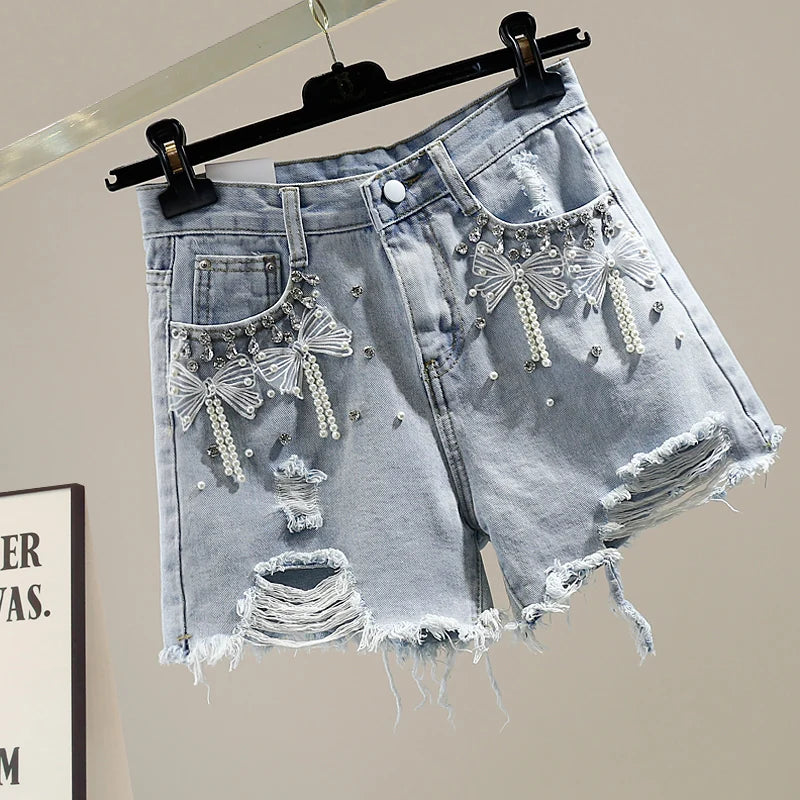 Bead-Embellished High Waist Denim Shorts