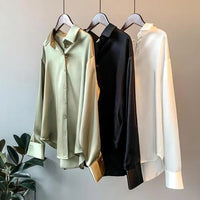 Women Smooth Satin Shirts Lapel Long Sleeve Shirt Single Breasted Tops Solid Color Loose Fit Casual Shirt