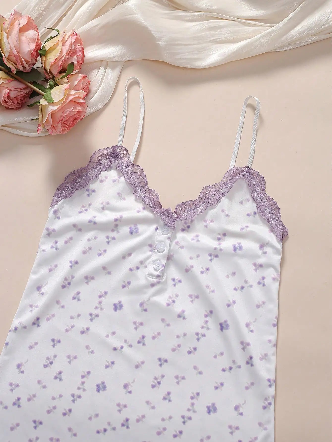 Floral Lace Trim Adjustable Strap Bodycon Nightgown Set