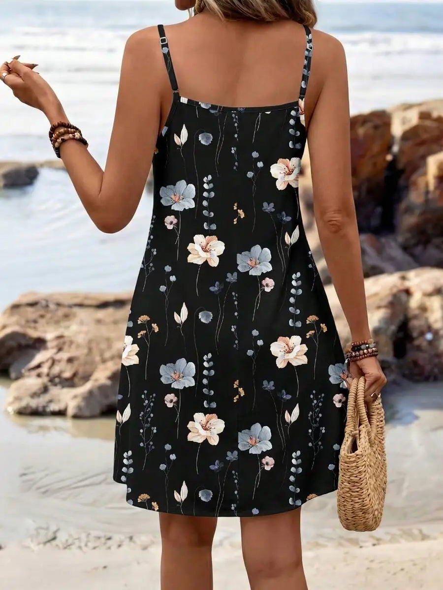 Black Floral Print Sleeveless Knit Mini Dress