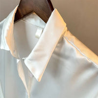 Women Smooth Satin Shirts Lapel Long Sleeve Shirt Single Breasted Tops Solid Color Loose Fit Casual Shirt