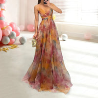 Elegant Formal Party Dress Elegant One Shoulder Tie-Dye Ball Gown with Mesh Bubble Sleeves Split Hem Women'S Evening Dress