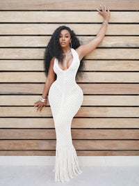 Plaid Halter Low Neck Backless Tassel Crochet Maxi Dress