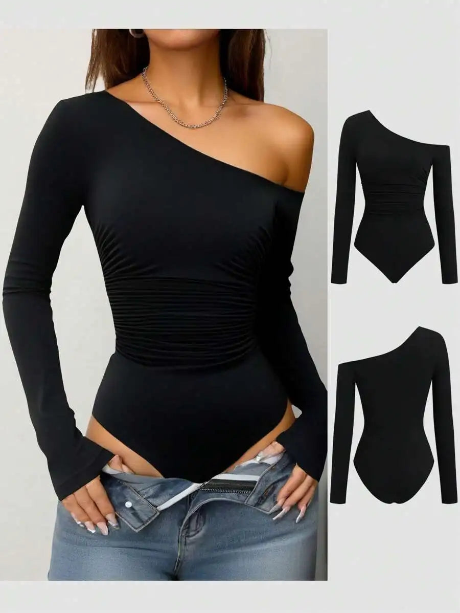 Asymmetrical Shoulder Ruched Waist Bodysuit – Black