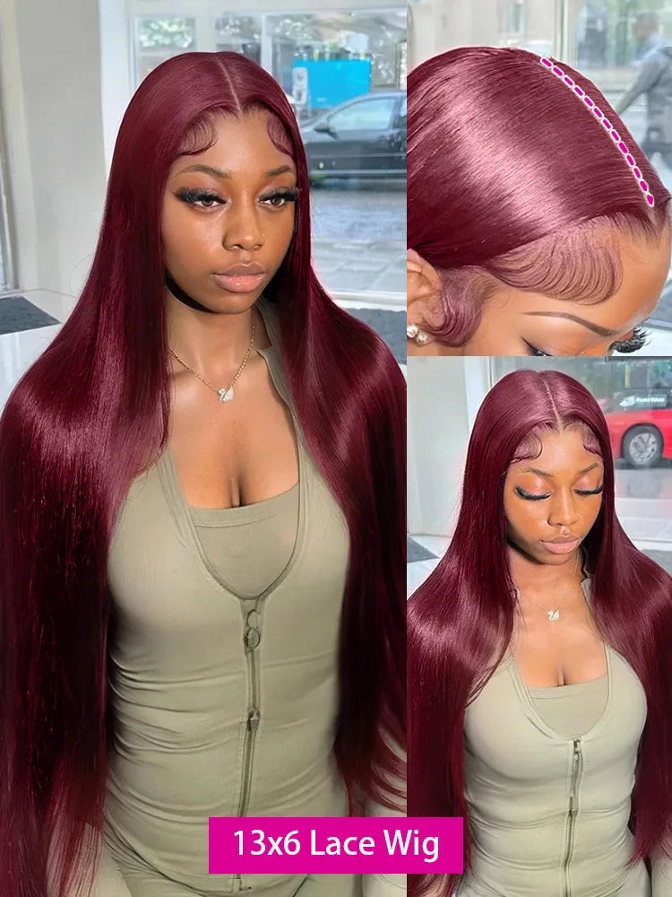 99J Burgundy Bone Straight 13x6 HD Lace Frontal Wig – 30–36 Inch Human Hair