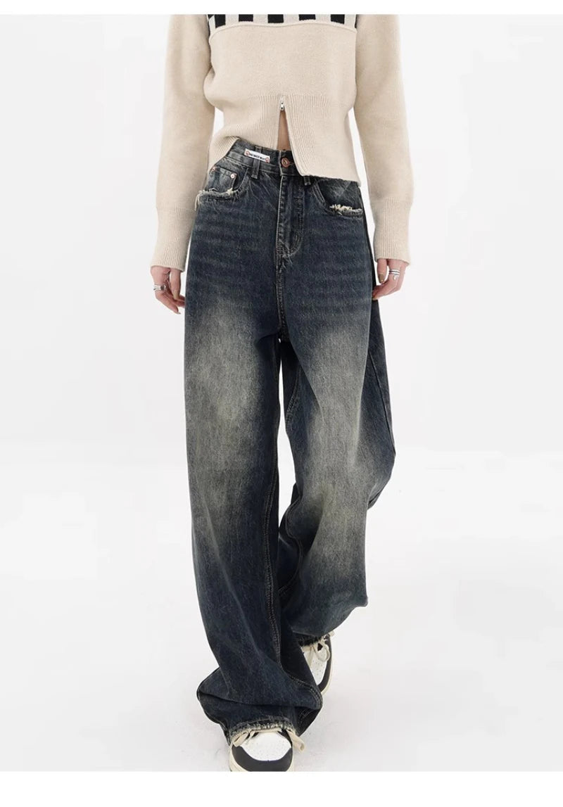 Harajuku Y2K Loose Jeans Women'S Streetwear Retro Fashion High Waisted Pants High Street Loose Wide Leg Denim Pants Women