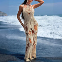 Lace-Up Halter Backless Crochet Maxi Cover-Up Dress
