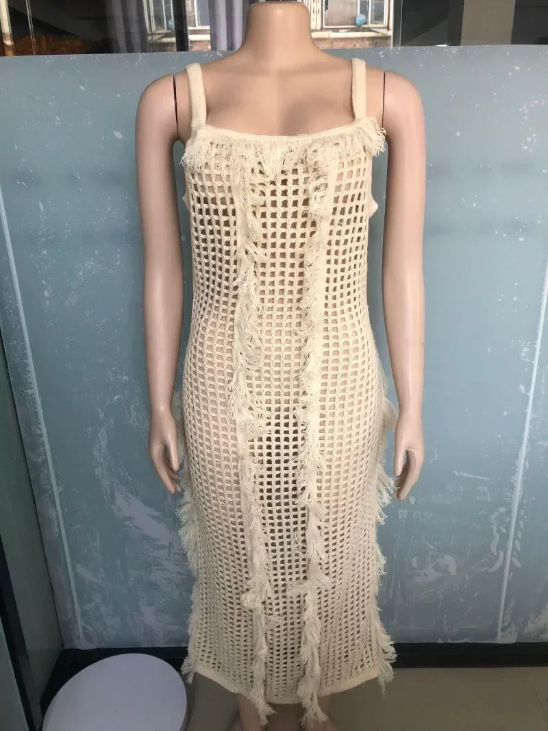 Tassel Sleeveless Crochet Hollow-Out Maxi Dress