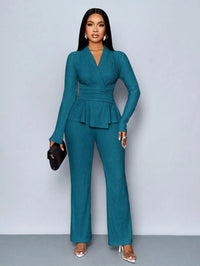 V-Neck Peplum Top & Wide Leg Pants Set – Beige