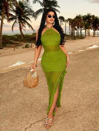 Lime Green Crochet Halter Maxi Dress with Tassel Hem