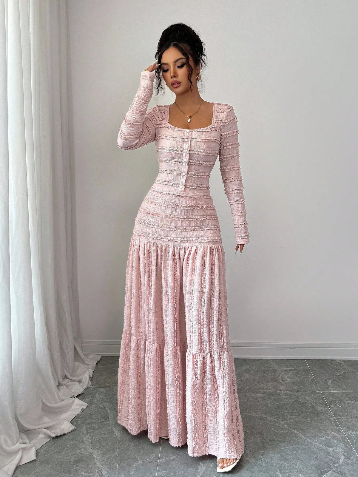 Pink Lace-Trimmed Square Neck Button-Up Maxi Dress Set