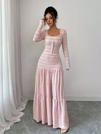 Pink Lace-Trimmed Square Neck Button-Up Maxi Dress Set