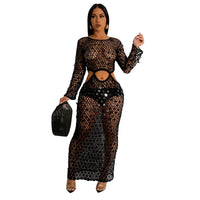 Sequined Crochet See-Through Bodycon Maxi Dress