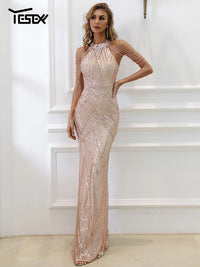 Halter Sequin Beaded Bodycon Maxi Evening Dress