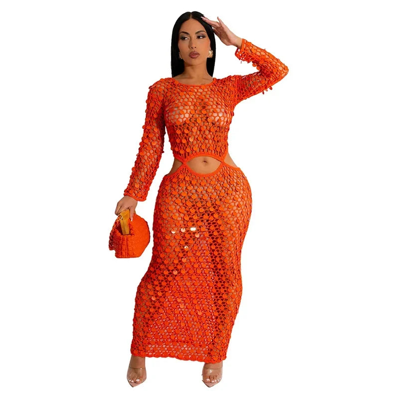 Sequined Crochet See-Through Bodycon Maxi Dress