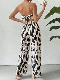 Black Leaf Print Strapless Crop Top & Wide-Leg Pants Set