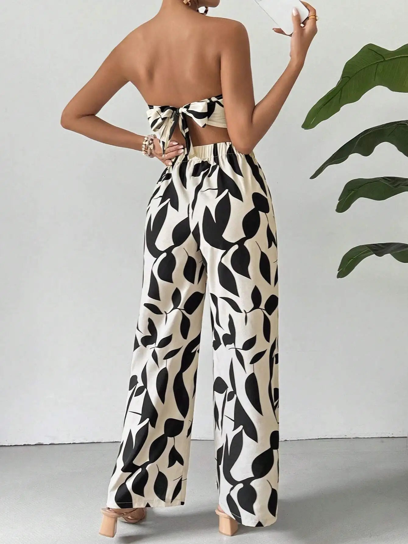 Black Leaf Print Strapless Crop Top & Wide-Leg Pants Set
