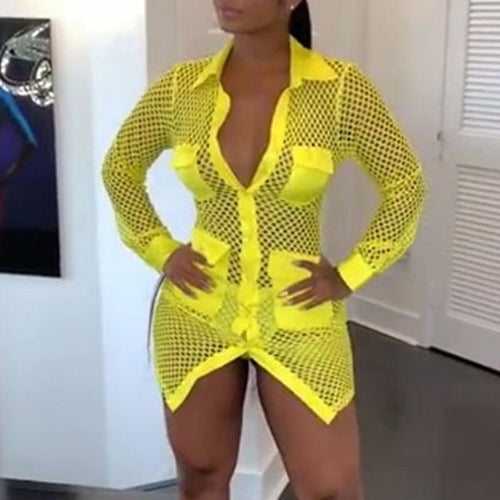 Turn-Down Collar Long Sleeve Mini Dress