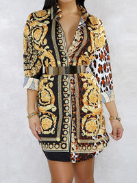 Gold Leopard Paisley Patchwork Shirt Dress
