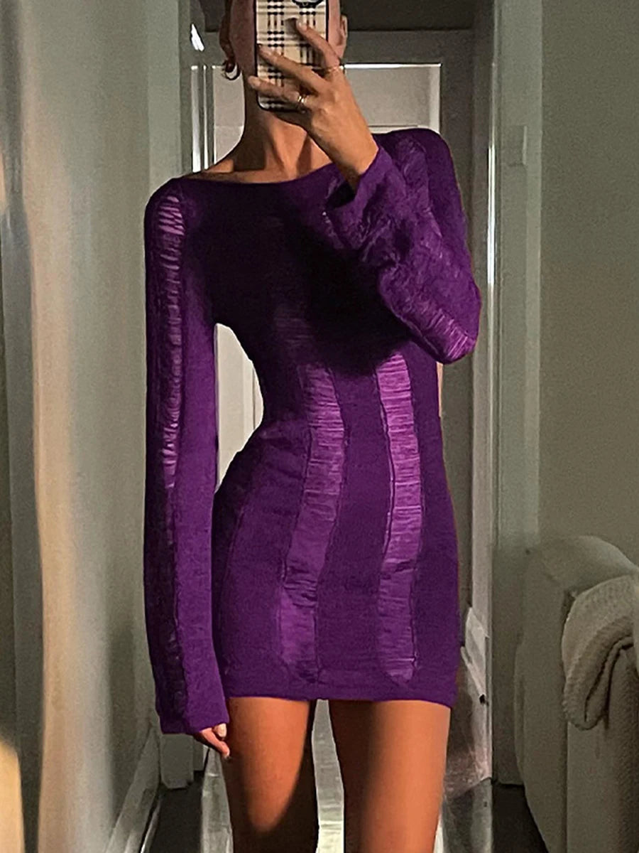 Sexy Knitted Cutout Short Dress 2022 Spring Summer Backless Long Sleeve round Neck Wrapped Mini Dresses Streetwear Solid