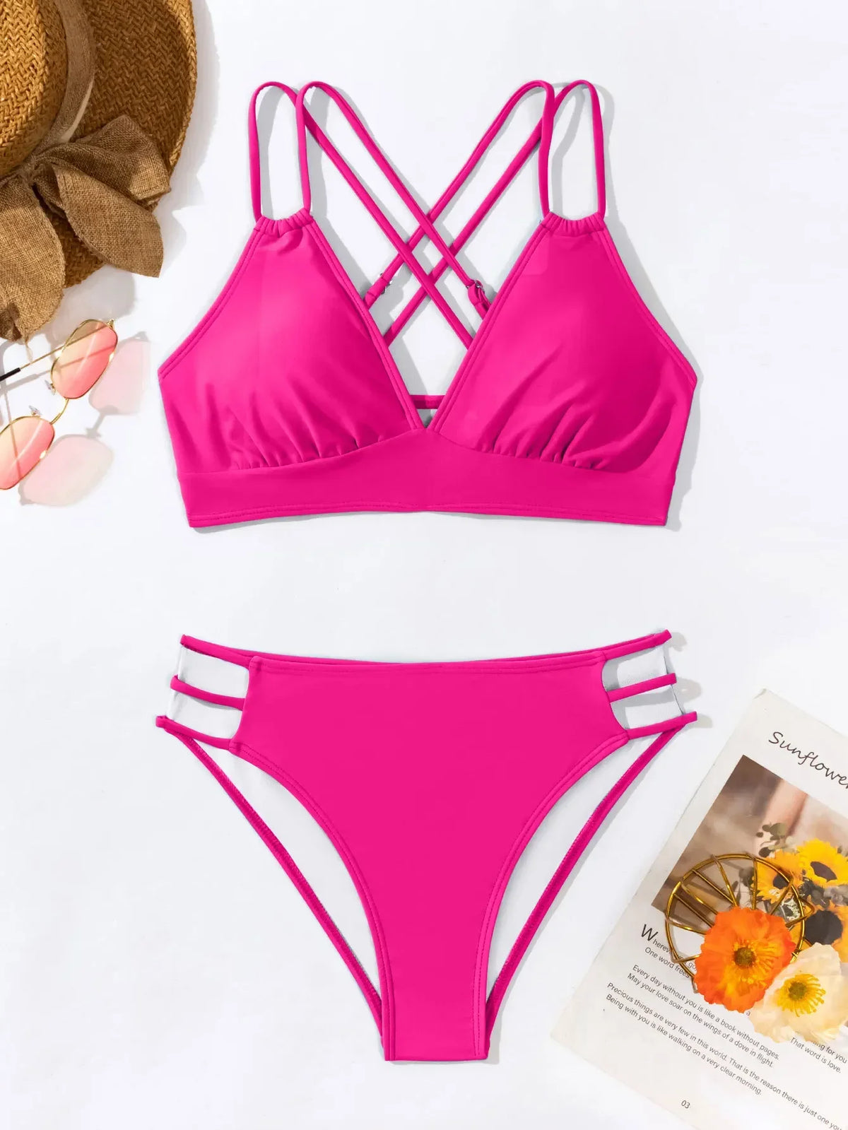 Double Strap Cross-Back Hollow Bikini Set