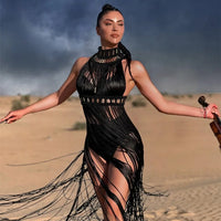 Vintage Tassel Halter Backless Crochet Maxi Dress