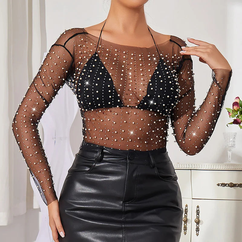 Pearl Neck Sheer Mesh Long Sleeve Top