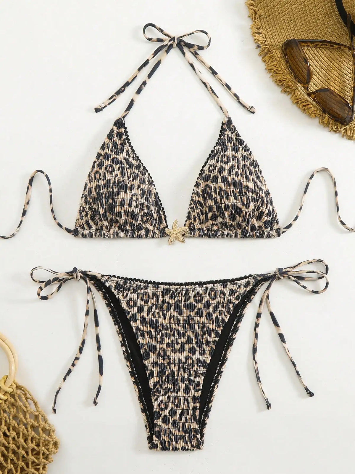 Summer beach fashion leopard print pleated metal jewelry halterneck string bikini set, suitable for vacations, festivals, beach
