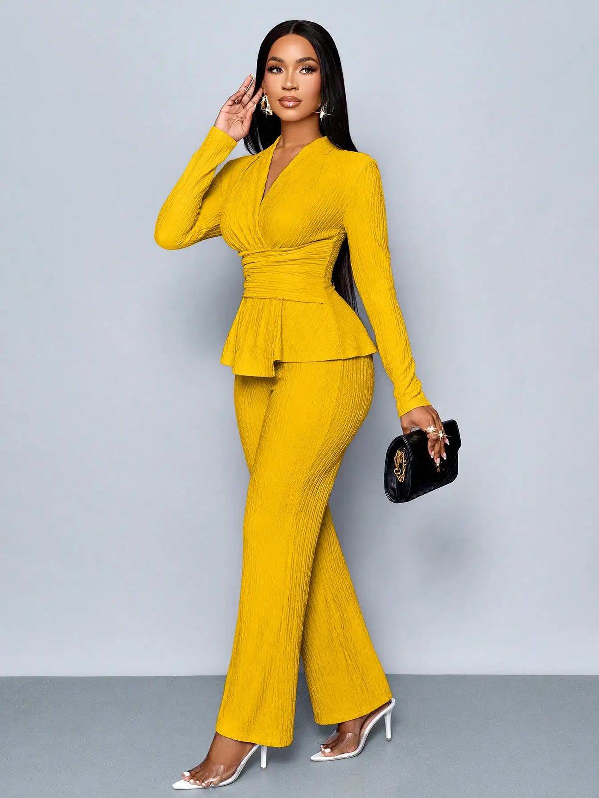 V-Neck Peplum Top & Wide Leg Pants Set – Beige
