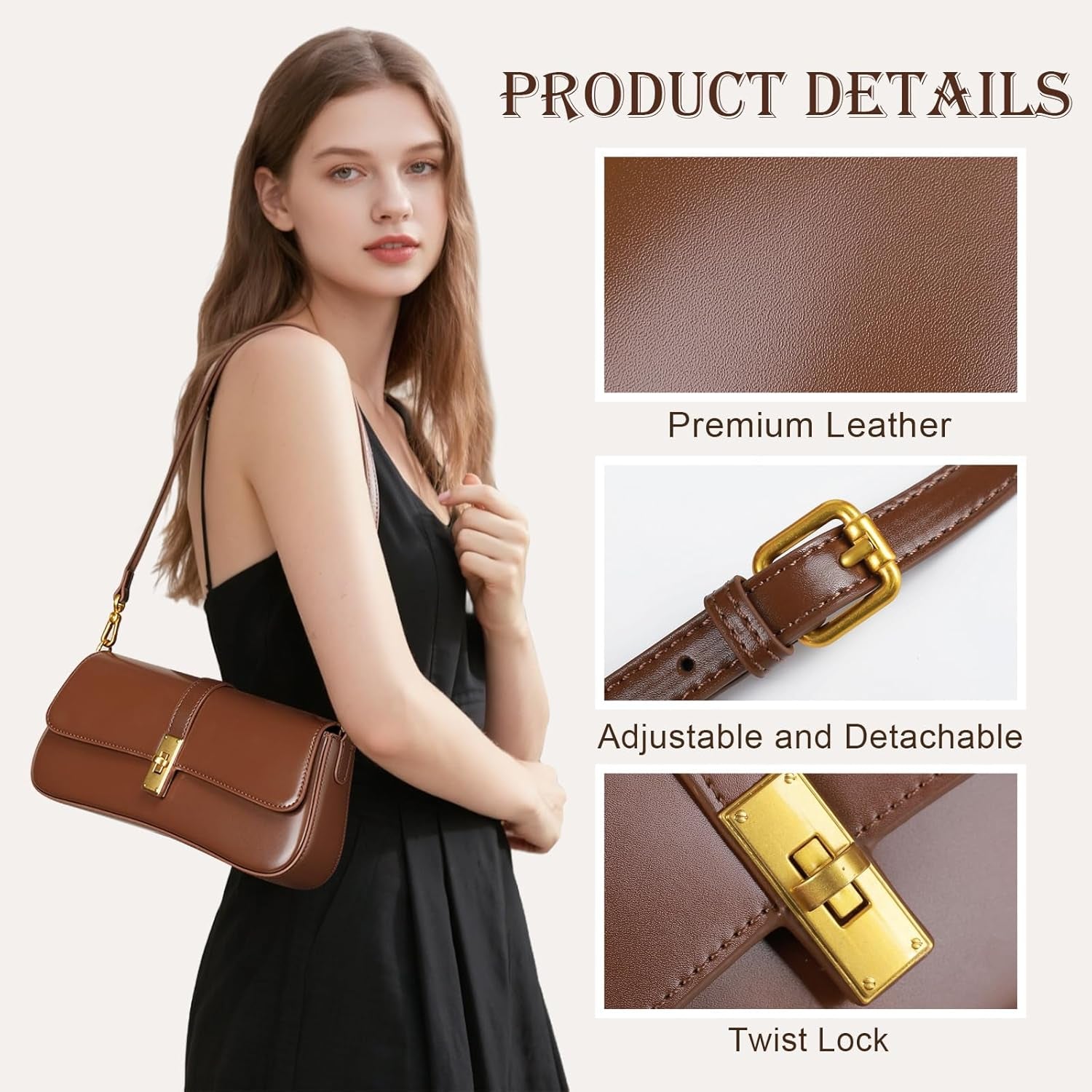 Shoulder Bag for Women, Genuine Leather Crossbody Bag Handbag with Removable Adjustable Straps
