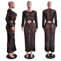 Sequined Crochet See-Through Bodycon Maxi Dress