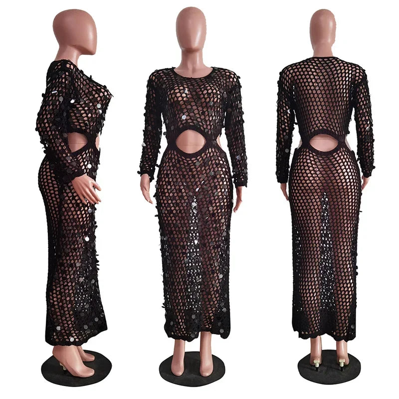 Sequined Crochet See-Through Bodycon Maxi Dress