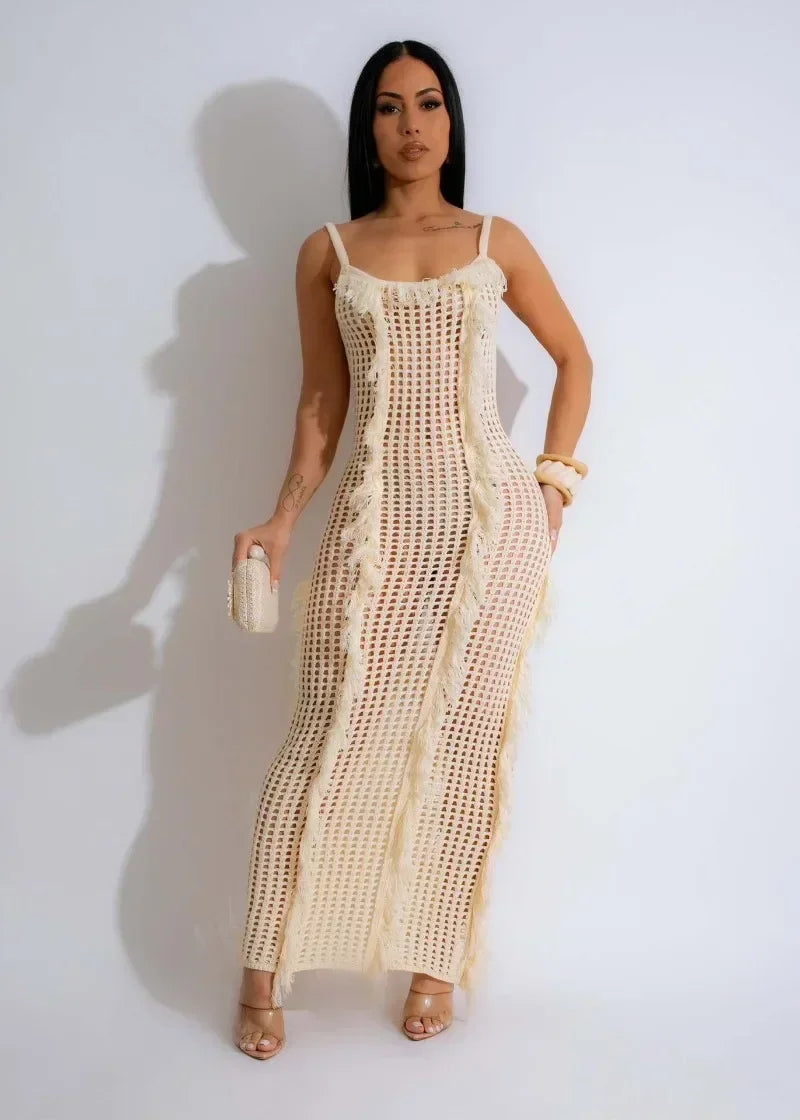 Tassel Sleeveless Crochet Hollow-Out Maxi Dress