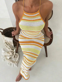 Striped Halter Neck Hollow-Out Crochet Maxi Dress