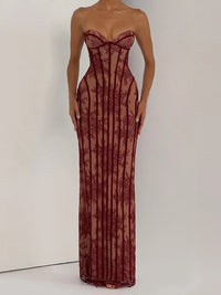 Striped Strapless Backless Bodycon Maxi Dress