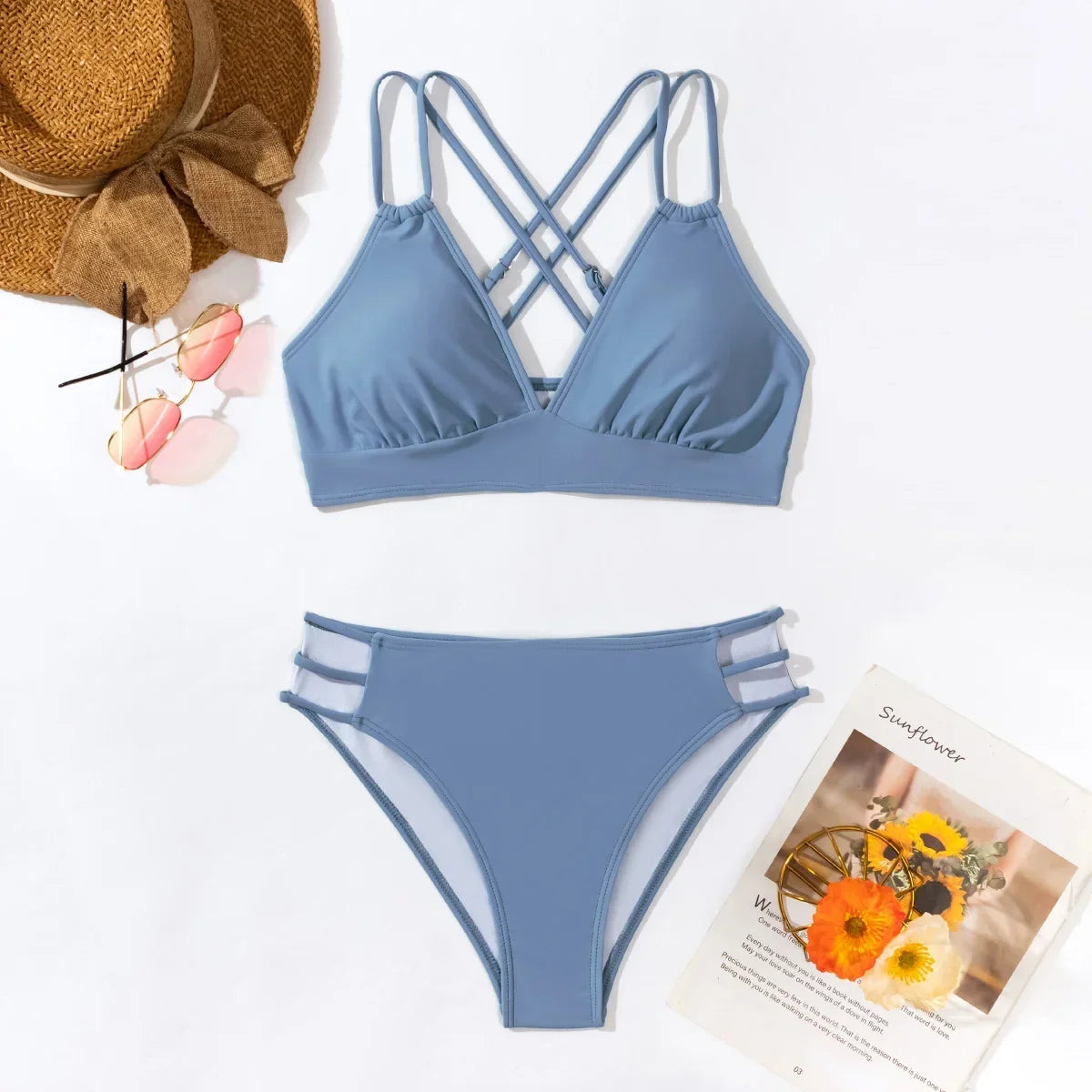 Double Strap Cross-Back Hollow Bikini Set