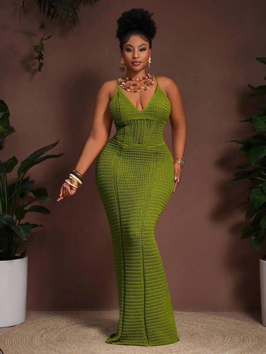 Crochet Hollow V-Neck Bodycon Maxi Dress