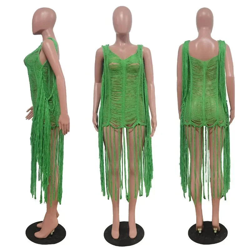 Fringe Tassel Crochet Beach Cover-Up Maxi Dress