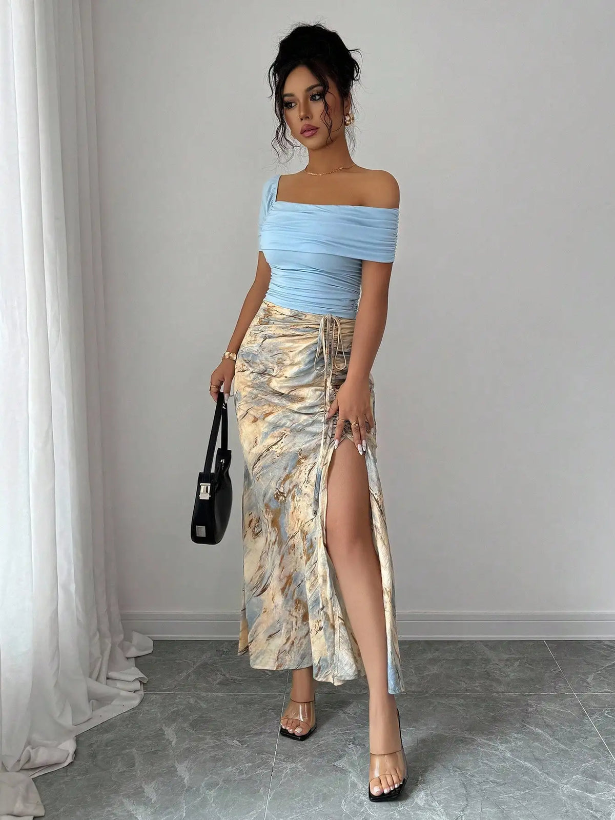 Off-Shoulder Ruched Top & Marble Print Side-Slit Skirt Set