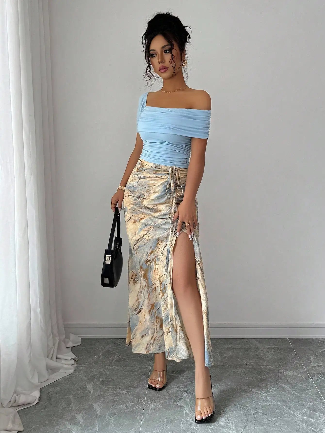 Off-Shoulder Ruched Top & Marble Print Side-Slit Skirt Set