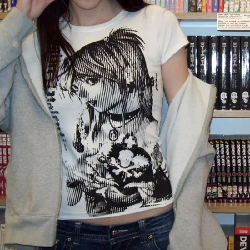 Y2K Anime Print Vintage Crop Tee