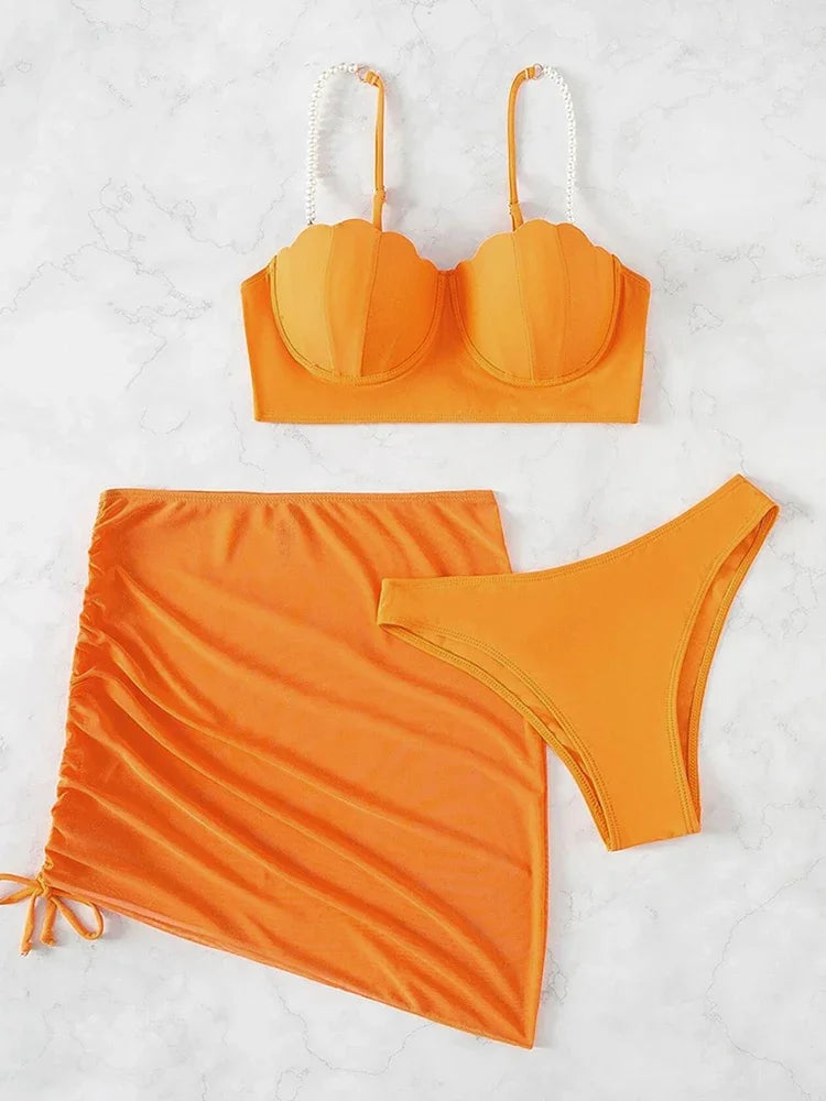 3-Piece Faux Pearl Bikini Set with Skirt