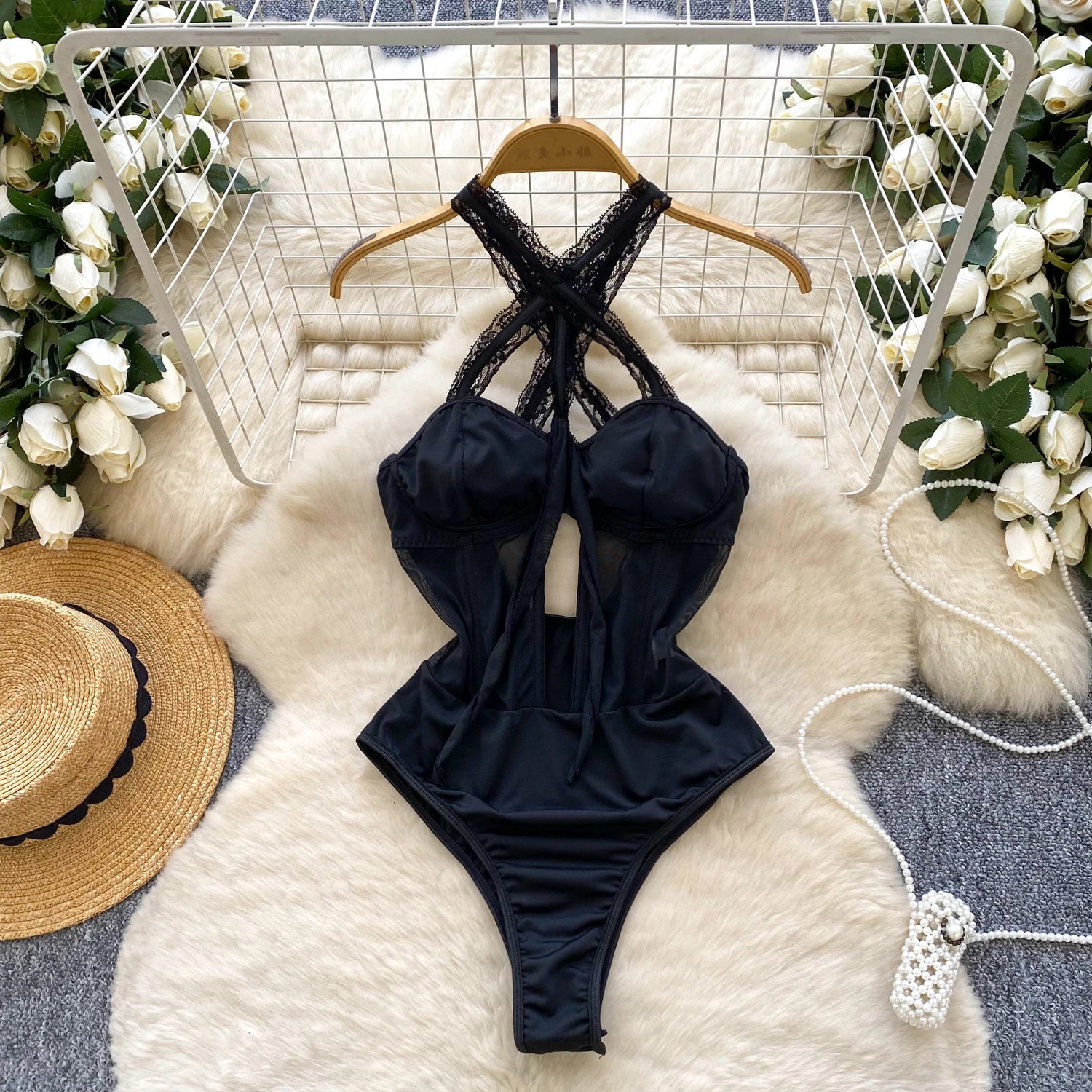 Cross Strap Mesh Lace Sleeveless Bodysuit