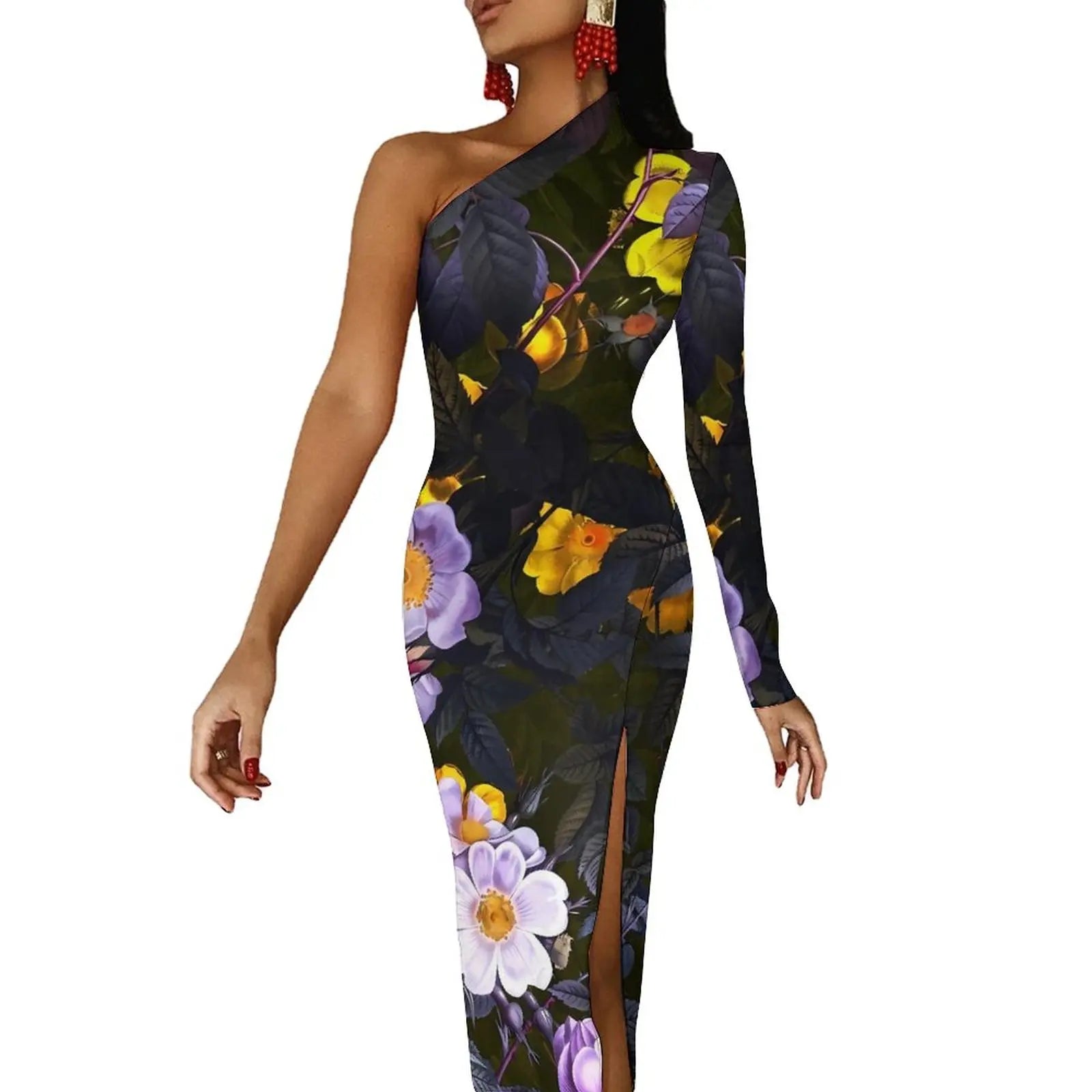 One-Shoulder Floral Print Bodycon Maxi Dress