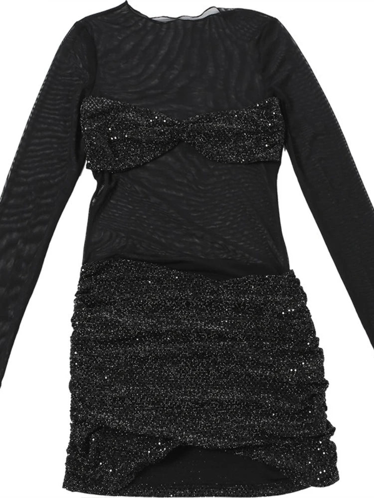 Sequin Patchwork Mesh Long Sleeve Mini Dress