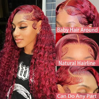 46 Inch Deep Wave High Density 99j Burgundy 13x6 Lace Frontal Human Hair Curly Wig Red Colored 13x4 HD Lace Front Wig For Women