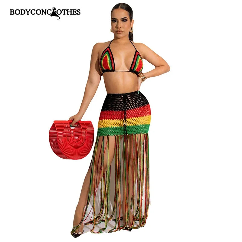 Colorful Hand Crochet Lace-Up Bra & Tassel Maxi Skirt Set