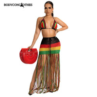 Colorful Hand Crochet Lace-Up Bra & Tassel Maxi Skirt Set